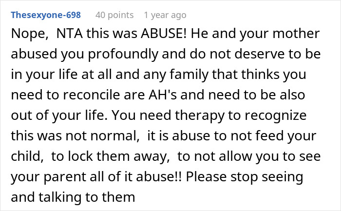 Reddit comment discussing abuse and refusing to reconcile with unhinged stepfather in family conflict. Reddit comment discussing abuse and refusing to reconcile with unhinged stepfather in family conflict.
