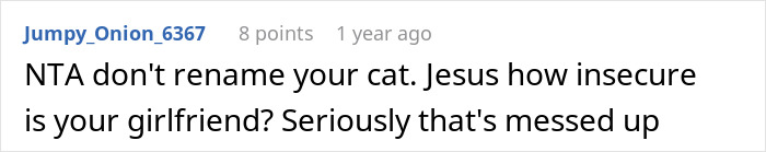 Comment criticizing a woman furious her partner won't rename their cat, calling her insecure and messed up. Comment criticizing a woman furious her partner won't rename their cat, calling her insecure and messed up.