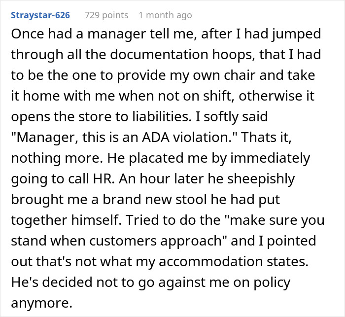 Text post describing an ableist manager refusing ADA accommodations for a disabled employee and facing consequences.