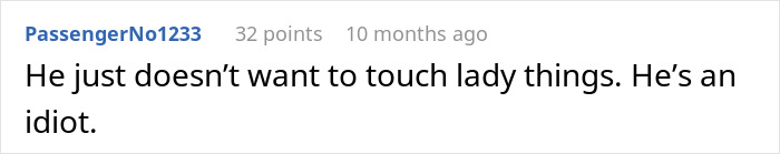 Comment on forum post discussing custodian refusing to empty feminine hygiene waste bins due to religious reasons. Comment on forum post discussing custodian refusing to empty feminine hygiene waste bins due to religious reasons.