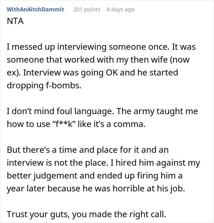 Text post discussing a job interview disaster where a candidate with high chances blew it quickly with bad language. Text post discussing a job interview disaster where a candidate with high chances blew it quickly with bad language.