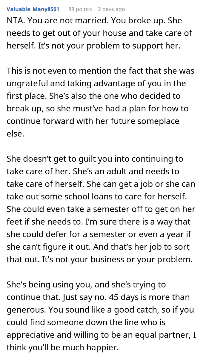 Screenshot of a Reddit comment discussing a guy asking his ex to move out after breakup and her school dropout claim. Screenshot of a Reddit comment discussing a guy asking his ex to move out after breakup and her school dropout claim.