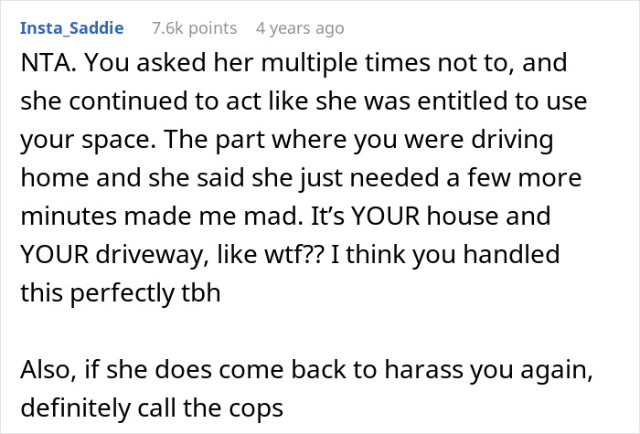 Comment on aggressive lady who keeps parking in couple's private space, showing entitlement and disregard for boundaries. Comment on aggressive lady who keeps parking in couple's private space, showing entitlement and disregard for boundaries.