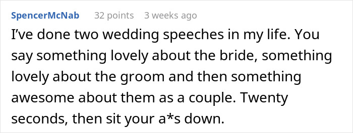 Screenshot of a humorous wedding speech text comparing the groom’s choice in bride to an IKEA shopping trip.