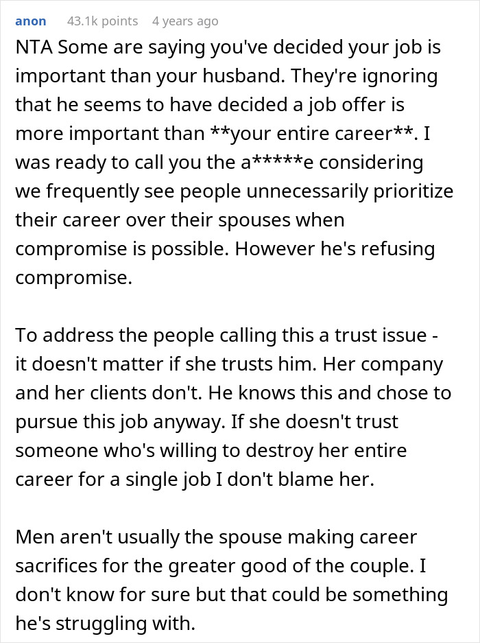 Comment discussing the challenge of asking husband to turn down dream job to protect her entire career and their relationship balance. Comment discussing the challenge of asking husband to turn down dream job to protect her entire career and their relationship balance.