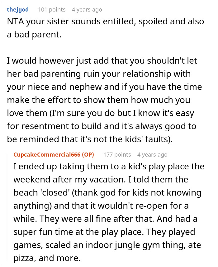 Text excerpt from a discussion about a vacation meant for four causing rift with woman prioritizing friend over sister and niblings. Text excerpt from a discussion about a vacation meant for four causing rift with woman prioritizing friend over sister and niblings.