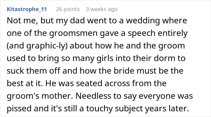 Text post describing a best man’s speech comparing the groom’s bride choice to an IKEA shopping trip, shocking wedding guests.