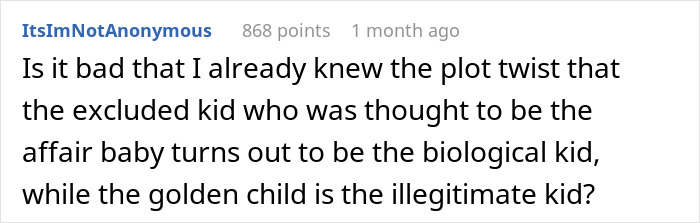 Comment text on a forum discussing a plot twist about dad, illegitimate son, golden child, and DNA results. Comment text on a forum discussing a plot twist about dad, illegitimate son, golden child, and DNA results.