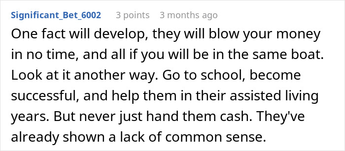 Comment discussing a teen refusing to sacrifice her future to fix parents’ financial mistakes with advice on success.