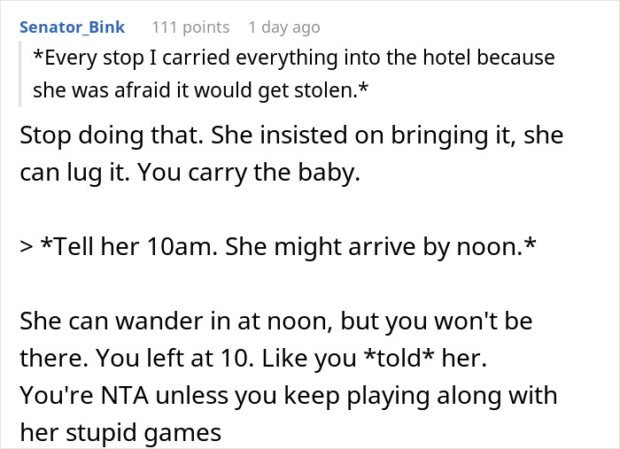 Reddit comment discussing a wife's strange travel habits and the husband's frustration with her quirks causing difficulties. Reddit comment discussing a wife's strange travel habits and the husband's frustration with her quirks causing difficulties.