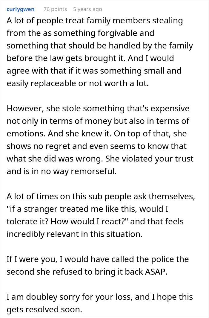 Comment discussing family drama caused by entitled grandma stealing grandson’s ashes and showing no remorse over the loss.