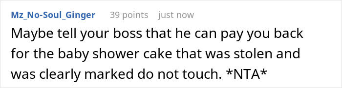 Text post showing a comment about a woman’s custom baby shower cake ruined in a shared fridge dispute.
