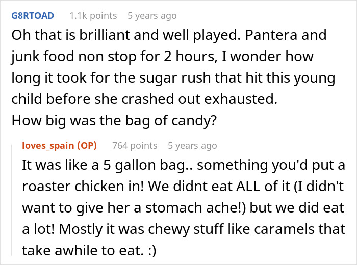 Comments discussing a child experiencing a sugar rush and becoming a mini metalhead during babysitting. Comments discussing a child experiencing a sugar rush and becoming a mini metalhead during babysitting.