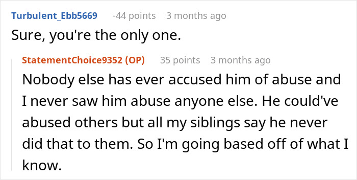 Screenshot of a Reddit conversation about a man refusing to donate an organ to his abusive father during a heated discussion. Screenshot of a Reddit conversation about a man refusing to donate an organ to his abusive father during a heated discussion.