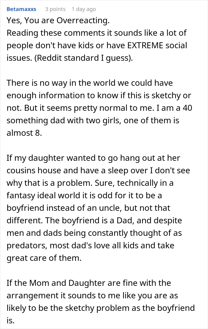 Screenshot of online comment discussing concerns about 8-year-old spending the night at mom's boyfriend's house. Screenshot of online comment discussing concerns about 8-year-old spending the night at mom's boyfriend's house.