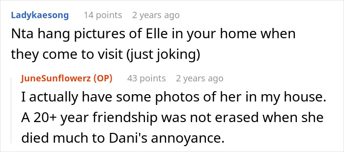Screenshot of a comment thread discussing erasing a late wife from kids’ lives and preserving her memory.