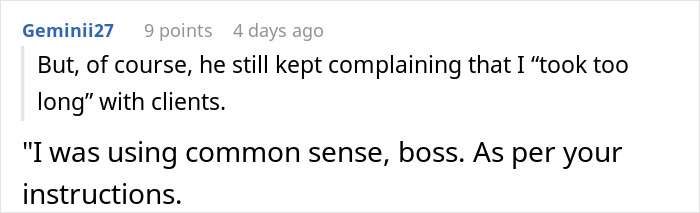 Screenshot of a user comment discussing how the boss told him to message after every client but then ignored him for hours.