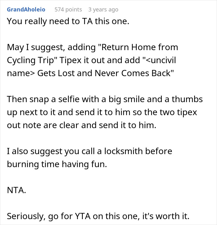 Comment suggesting to replace a cycling trip note and take a selfie with a thumbs up before going on a cycle trip instead of watching daughter. Comment suggesting to replace a cycling trip note and take a selfie with a thumbs up before going on a cycle trip instead of watching daughter.