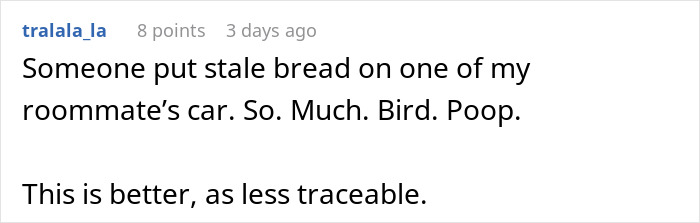 Comment about roommate’s car blocked in driveway, with mention of stale bread and bird poop as petty revenge for truck blockage. Comment about roommate’s car blocked in driveway, with mention of stale bread and bird poop as petty revenge for truck blockage.