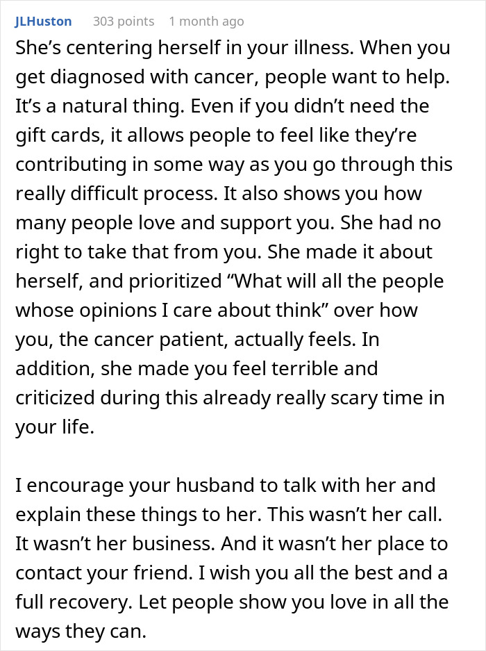 Comment explaining how a woman battling cancer deserves support despite MIL calling her request for help tacky and dramatic. Comment explaining how a woman battling cancer deserves support despite MIL calling her request for help tacky and dramatic.