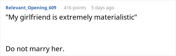 Screenshot of a forum post where a user warns against marrying a girlfriend described as extremely materialistic.
