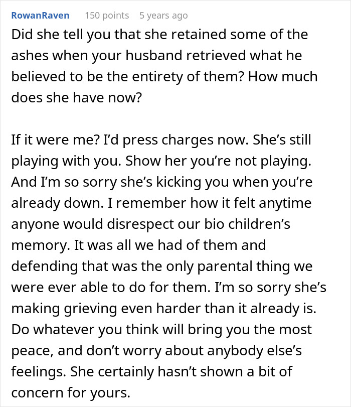 Comment discussing family drama involving an entitled grandma stealing grandson’s ashes and the impact on grieving process.