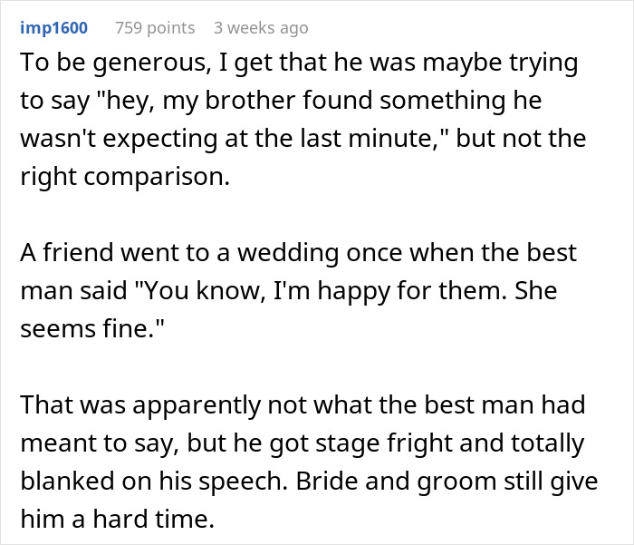 Comment describing a best man’s speech comparing groom’s bride choice to an IKEA shopping trip, surprising guests.