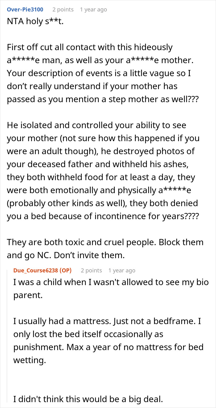 Screenshot of online discussion about woman refusing contact with unhinged stepfather who destroyed father’s photos and ashes. Screenshot of online discussion about woman refusing contact with unhinged stepfather who destroyed father’s photos and ashes.