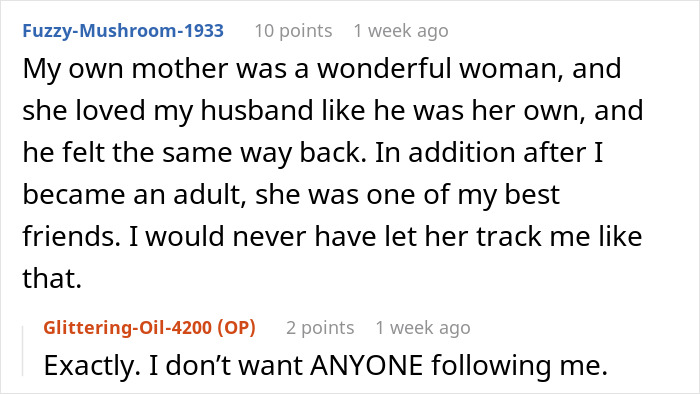 Comment conversation about tracking and privacy concerns related to family, mentioning mil-tracking-app-son. Comment conversation about tracking and privacy concerns related to family, mentioning mil-tracking-app-son.