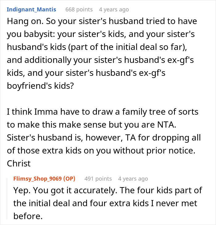 Reddit conversation explaining woman quits babysitting after brother-in-law brings unexpected kids needing free care. Reddit conversation explaining woman quits babysitting after brother-in-law brings unexpected kids needing free care.