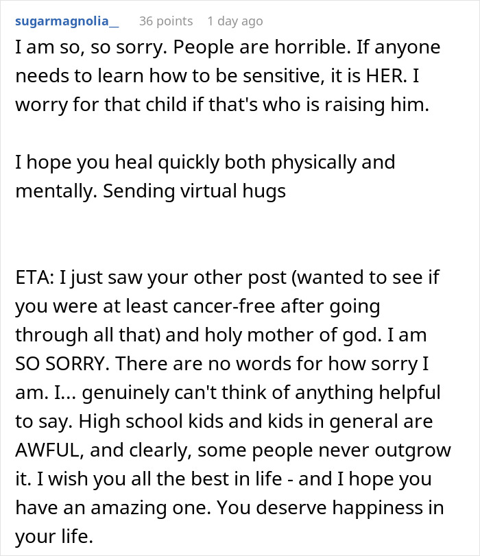 Comment expressing sympathy for cancer survivor moved from plane seat due to entitled lady’s kid. Comment expressing sympathy for cancer survivor moved from plane seat due to entitled lady’s kid.
