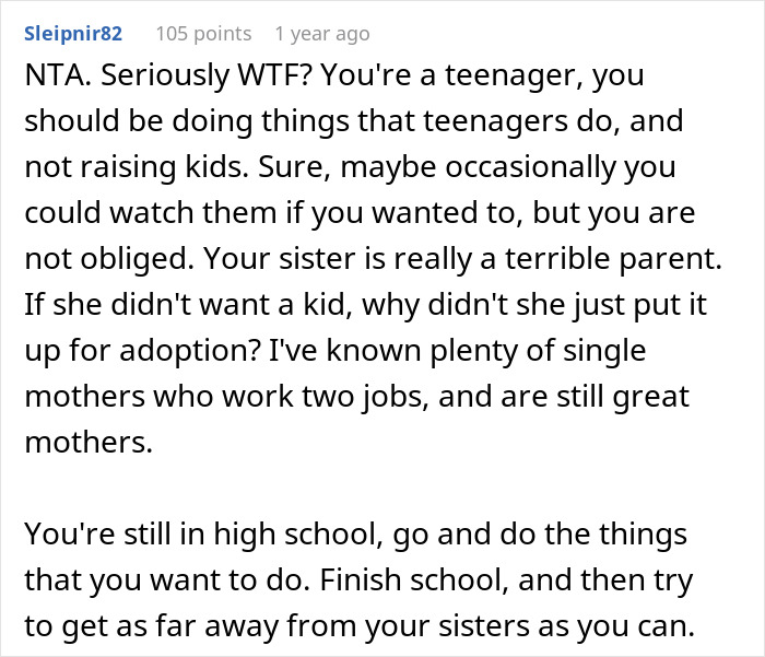 Screenshot of a Reddit comment advising a teenager to stop unpaid babysitting and focus on finishing high school.