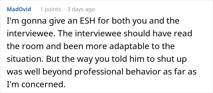 Screenshot of a comment discussing a job interview where the candidate had a high chance of getting hired but blew it quickly. Screenshot of a comment discussing a job interview where the candidate had a high chance of getting hired but blew it quickly.