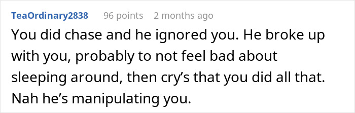 Comment discussing a breakup without warning and manipulation after blocking contact in a relationship scenario.