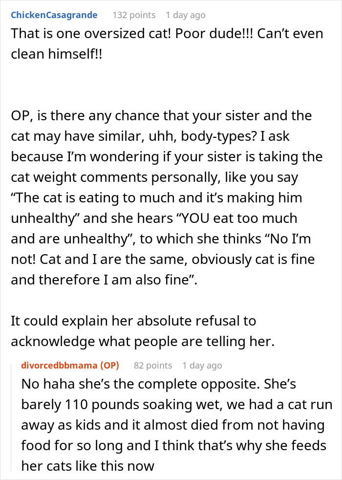 Comments about a severely overweight cat and the sister's refusal to acknowledge concerns about the cat's unhealthy weight. Comments about a severely overweight cat and the sister's refusal to acknowledge concerns about the cat's unhealthy weight.