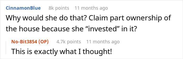 Screenshot of online discussion about contractors quoting home remodel jobs, revealing a roommate's remodeling plot. Screenshot of online discussion about contractors quoting home remodel jobs, revealing a roommate's remodeling plot.