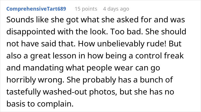 Screenshot of a comment discussing the bride telling guests to wear neutrals, then being upset no one wore color. Screenshot of a comment discussing the bride telling guests to wear neutrals, then being upset no one wore color.