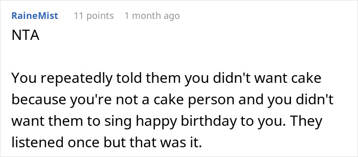 Comment from RaineMist explaining being an annoyed worker at a birthday cake event, refusing cake and singing. Comment from RaineMist explaining being an annoyed worker at a birthday cake event, refusing cake and singing.