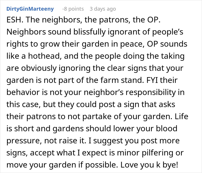 Screenshot of a Reddit comment ranting about a neighbor who won’t move his farm stand causing theft issues. Screenshot of a Reddit comment ranting about a neighbor who won’t move his farm stand causing theft issues.