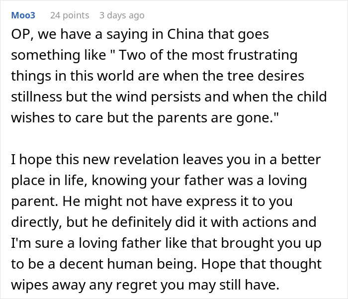 Comment discussing a revelation about a father from a storage unit left in a will and its emotional impact. Comment discussing a revelation about a father from a storage unit left in a will and its emotional impact.