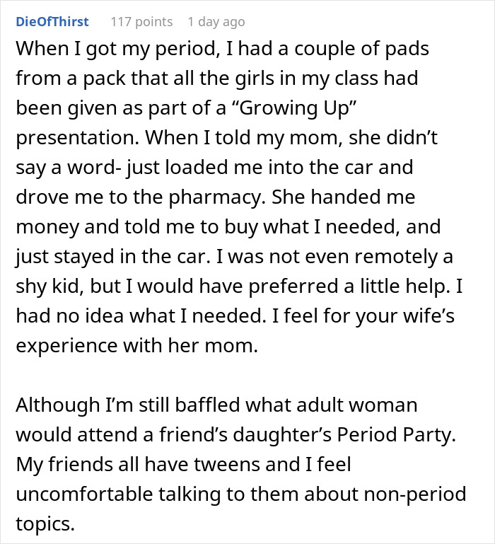 Alt text: Reddit comment discussing menstruation experience and reactions to a mom’s elaborate menstruation celebration for her daughter Alt text: Reddit comment discussing menstruation experience and reactions to a mom’s elaborate menstruation celebration for her daughter