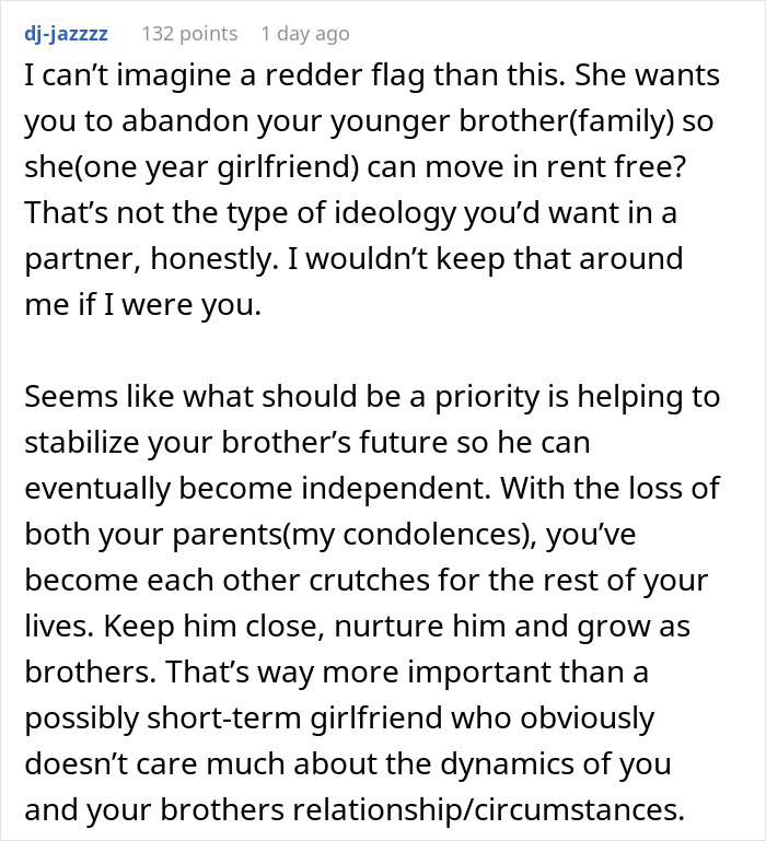 Comment discussing a teen losing both parents, working two jobs to survive, and struggles with brother’s girlfriend branding them a freeloader. Comment discussing a teen losing both parents, working two jobs to survive, and struggles with brother’s girlfriend branding them a freeloader.