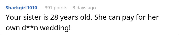 Screenshot of an online comment where a user criticizes a sister’s age and ability to pay for her own wedding expenses. Screenshot of an online comment where a user criticizes a sister’s age and ability to pay for her own wedding expenses.