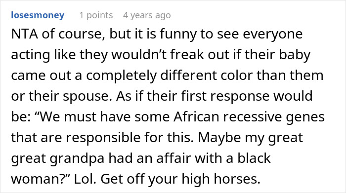 Reddit comment discussing a lady accused of cheating due to daughter's dark skin and DNA test results. Reddit comment discussing a lady accused of cheating due to daughter's dark skin and DNA test results.