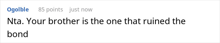 Comment text on a white background, discussing a family dispute involving a gay man and his twin’s wedding invitation. Comment text on a white background, discussing a family dispute involving a gay man and his twin’s wedding invitation.