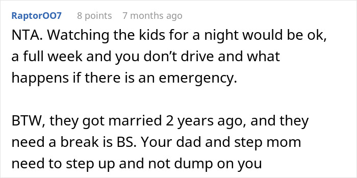 Reddit comment discussing teen refusing to babysit step-siblings for a week and parents' meltdown reaction. Reddit comment discussing teen refusing to babysit step-siblings for a week and parents' meltdown reaction.