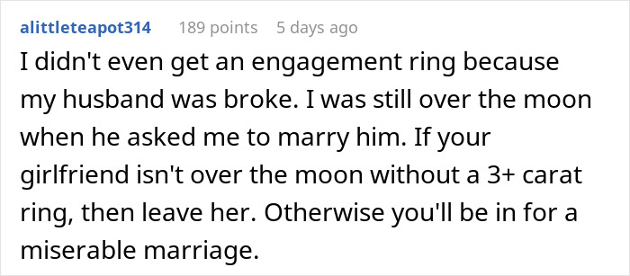 Comment on a forum about a small engagement ring, sharing advice on girlfriends and marriage expectations.