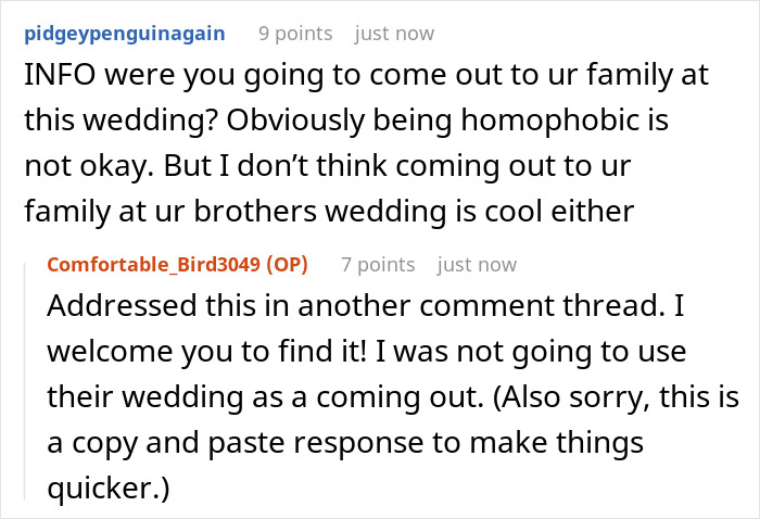 Comments discussing a gay man’s experience with attending his twin’s wedding and related family reactions. Comments discussing a gay man’s experience with attending his twin’s wedding and related family reactions.