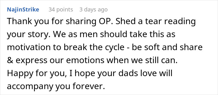 Screenshot of a heartfelt comment reflecting on a dad leaving a storage unit and sharing emotions to break the cycle. Screenshot of a heartfelt comment reflecting on a dad leaving a storage unit and sharing emotions to break the cycle.