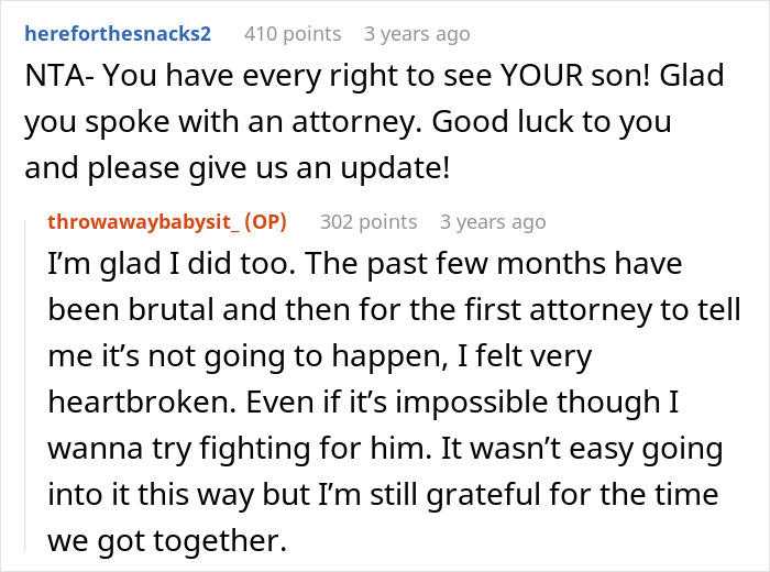 Reddit user discusses bio dad refusing babysit, causing family drama and seeking legal advice to see his son again.